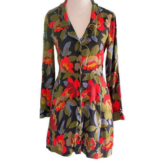 Zara Trafaluc Collection Floral Red Black Green Shirt Dress Button Down Small - Picture 1 of 14